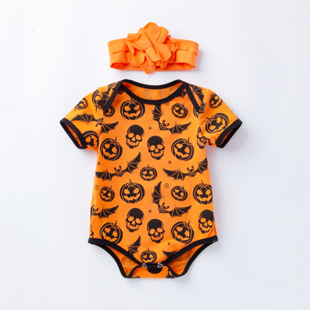 Halloween Baby Onesie Printed Short Sleeve Romper with Accessories 2-Piece Set Newborn Baby Party Outfit