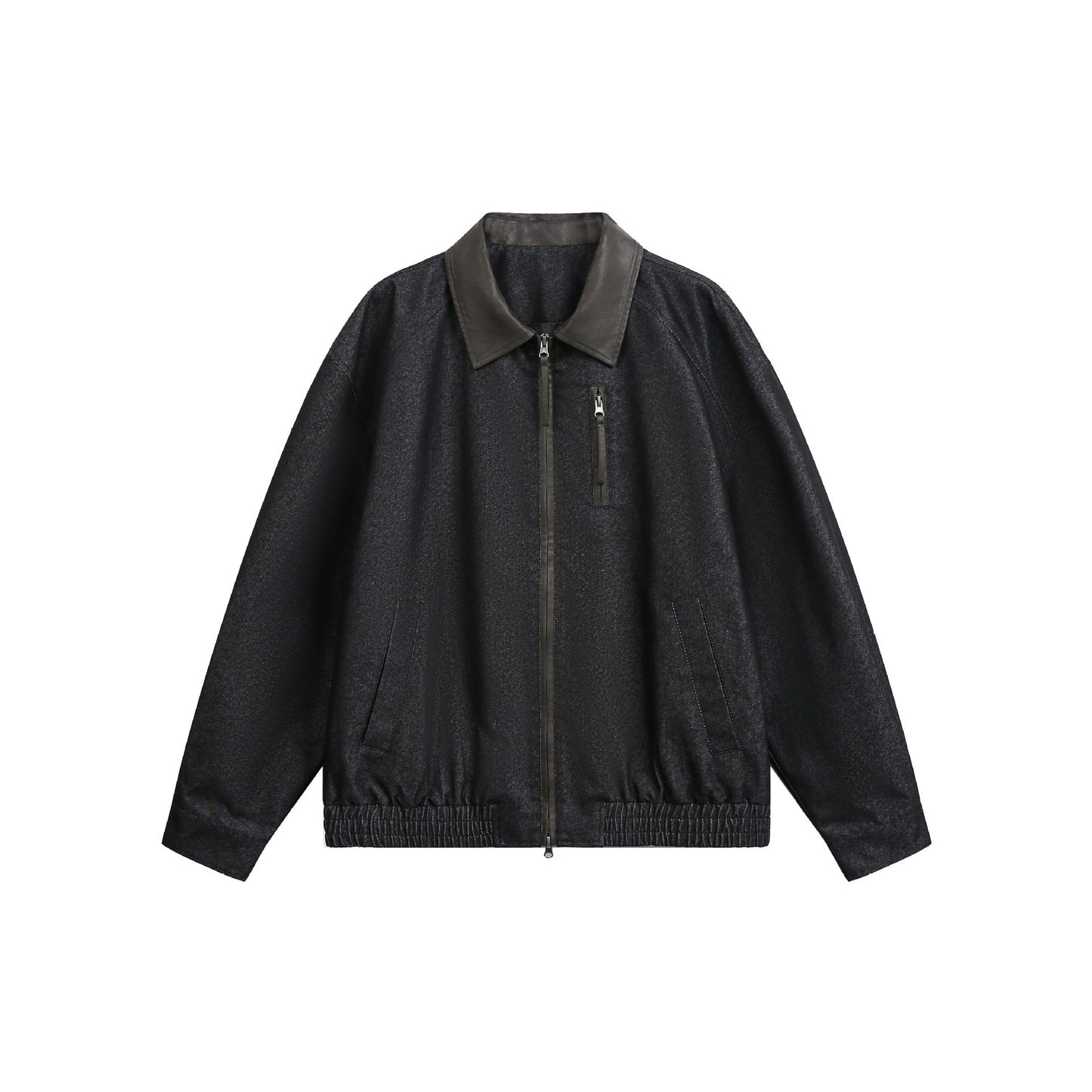 Loose PU Leather Patchwork Stand Collar Color-blocked Original Denim Jacket for Men