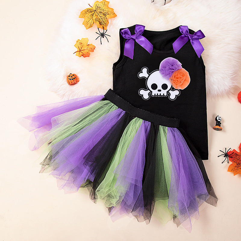 Halloween Kids Outfit 2-7 Years Girls Pumpkin Skull Vest T-Shirt & Cape Skirt Set