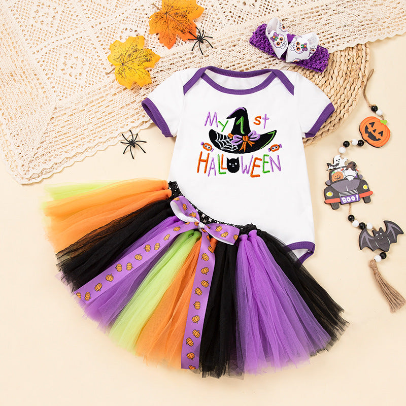 Baby Halloween Costume Cotton Short Sleeve Embroidered Witch Hat Pumpkin Romper Bowknot Handmade Set