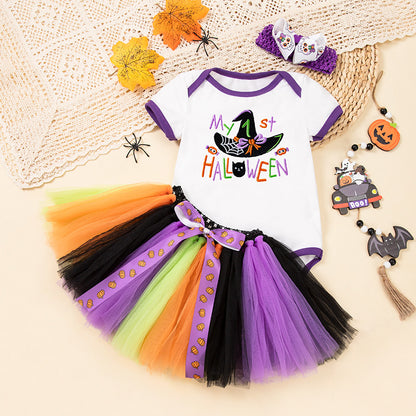 Baby Halloween Costume Cotton Short Sleeve Embroidered Witch Hat Pumpkin Romper Bowknot Handmade Set