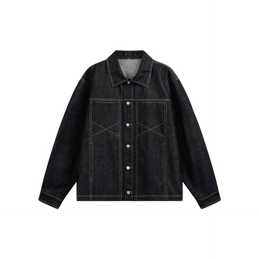 Turquoise Color-block Buttoned Loose Denim Jacket for Men