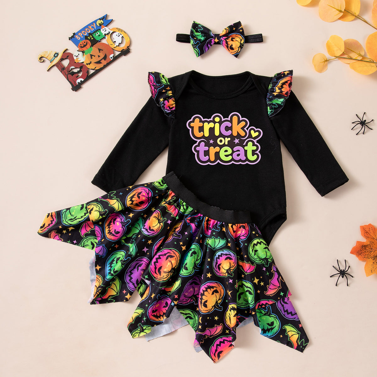 Halloween Baby Girl Outfit Set Colorful Pumpkin Print Long Sleeve Romper Skirt 3-Piece Set
