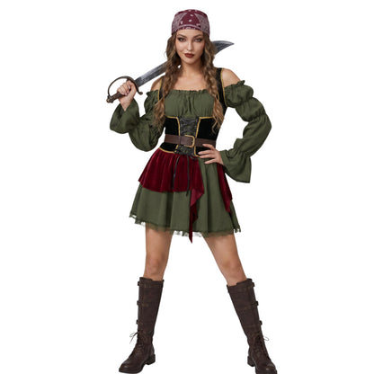 Halloween Women's Pirate Costume Adult Off-Shoulder Vintage Dress Caribbean Pirate Cosplay Party Dance