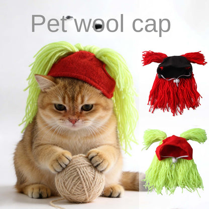 Pet wool hat for cats with funny double braided hairstyle