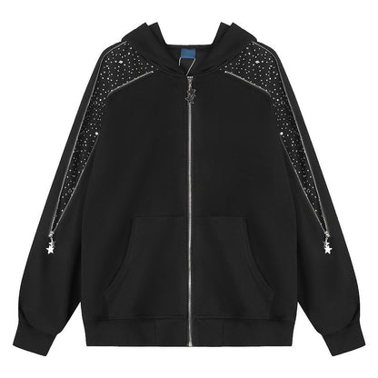 Black sparkling diamond zipper hooded cardigan for women