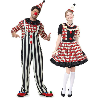 Vintage Checkered Clown Couple Outfits Adult Men and Women Circus Clown Dress Overalls Halloween Costumes