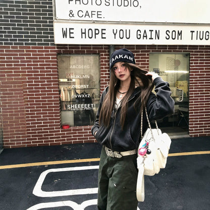 Washed Distressed Black Hooded Sweatshirt Jacket for Women