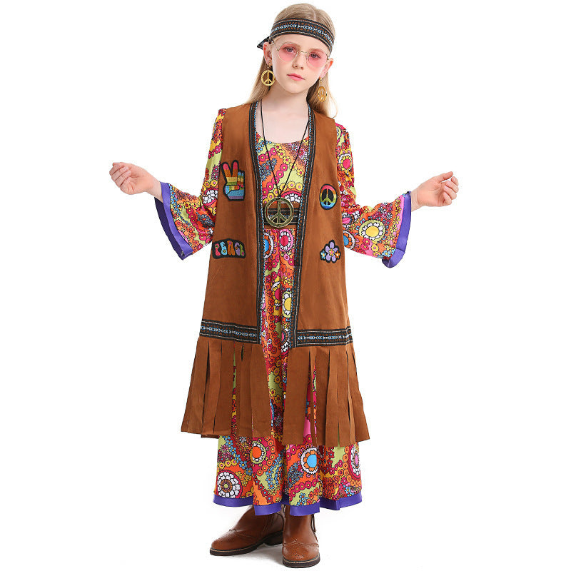 Retro Hippie Girls' Outfit with Fringe Vest and Long Dress, Halloween Retro Disco Theme Party Costume