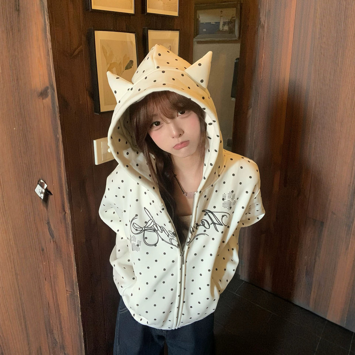 Cute Embroidered Ears Retro Polka Dot Hooded Cardigan Sweatshirt for Women