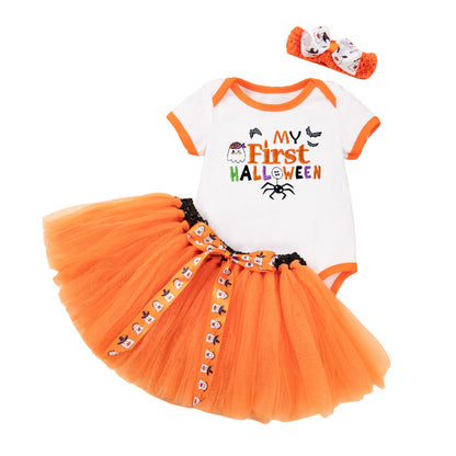 Baby Halloween Costume Cotton Short Sleeve Embroidered Witch Hat Pumpkin Romper Bowknot Handmade Set