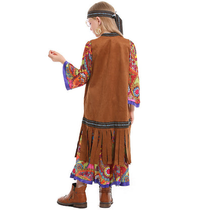 Retro Hippie Girls' Outfit with Fringe Vest and Long Dress, Halloween Retro Disco Theme Party Costume
