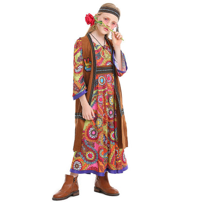 Retro Hippie Girls' Outfit with Fringe Vest and Long Dress, Halloween Retro Disco Theme Party Costume