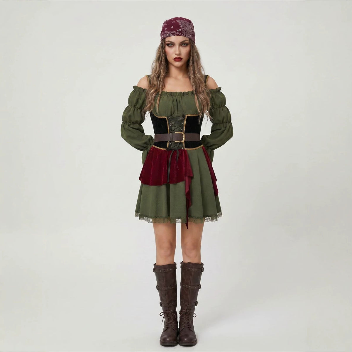Halloween Women's Pirate Costume Adult Off-Shoulder Vintage Dress Caribbean Pirate Cosplay Party Dance