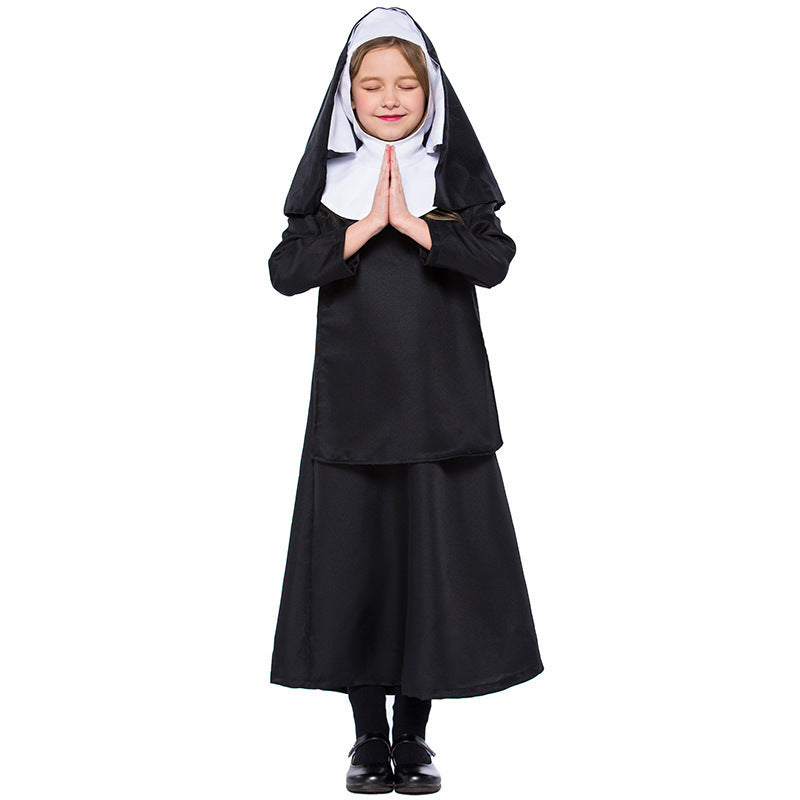 Halloween Children's Black Nun Costume Cosplay Dress for Girls, Fairy Tale Play Performance Outfit