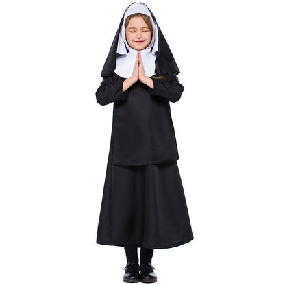 Halloween Children's Black Nun Costume Cosplay Dress for Girls, Fairy Tale Play Performance Outfit