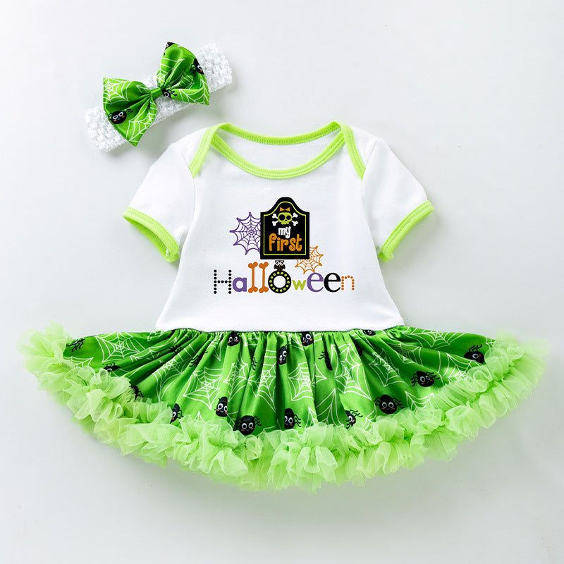 Halloween Baby Party Outfit Printed Pumpkin Short Sleeve Romper Dress with Hair Accessories 2-Piece Set Infant Onesie Dress