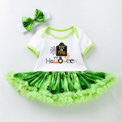 Halloween Baby Party Outfit Printed Pumpkin Short Sleeve Romper Dress with Hair Accessories 2-Piece Set Infant Onesie Dress