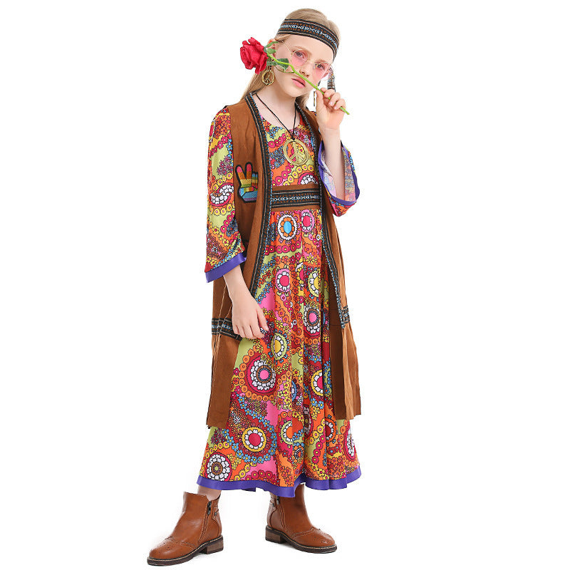 Retro Hippie Girls' Outfit with Fringe Vest and Long Dress, Halloween Retro Disco Theme Party Costume