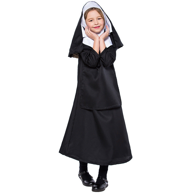Halloween Children's Black Nun Costume Cosplay Dress for Girls, Fairy Tale Play Performance Outfit