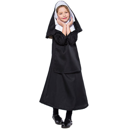 Halloween Children's Black Nun Costume Cosplay Dress for Girls, Fairy Tale Play Performance Outfit