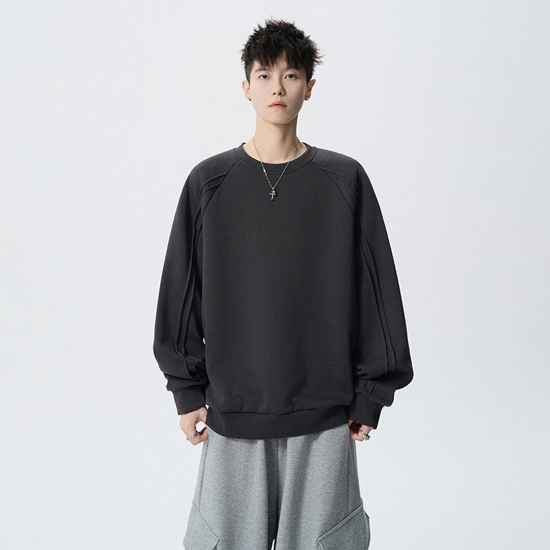 Crewneck Sweatshirt Men Solid Color Fashion Casual Long Sleeve T-Shirt Spring Autumn Street Style Loose Fit Basic Tee