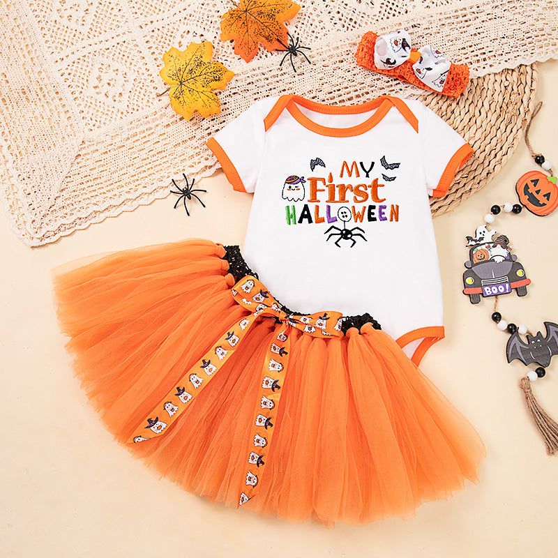 Baby Halloween Costume Cotton Short Sleeve Embroidered Witch Hat Pumpkin Romper Bowknot Handmade Set