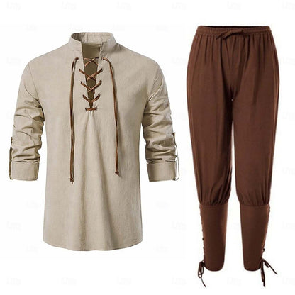 5-Piece Halloween Men's Renaissance Costume Set Medieval Pirate Shirt Ankle Band Pants