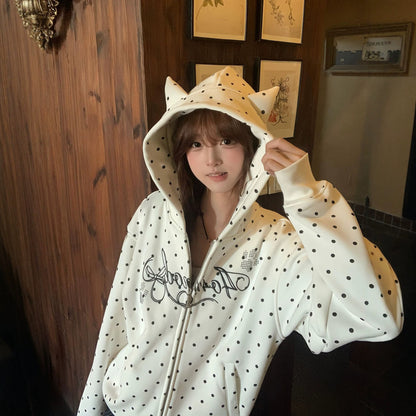 Cute Embroidered Ears Retro Polka Dot Hooded Cardigan Sweatshirt for Women