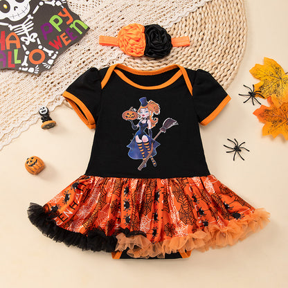 Halloween Baby Outfit Cartoon Pumpkin Tulle Romper Dress 2-Piece Set Baby Party Costume