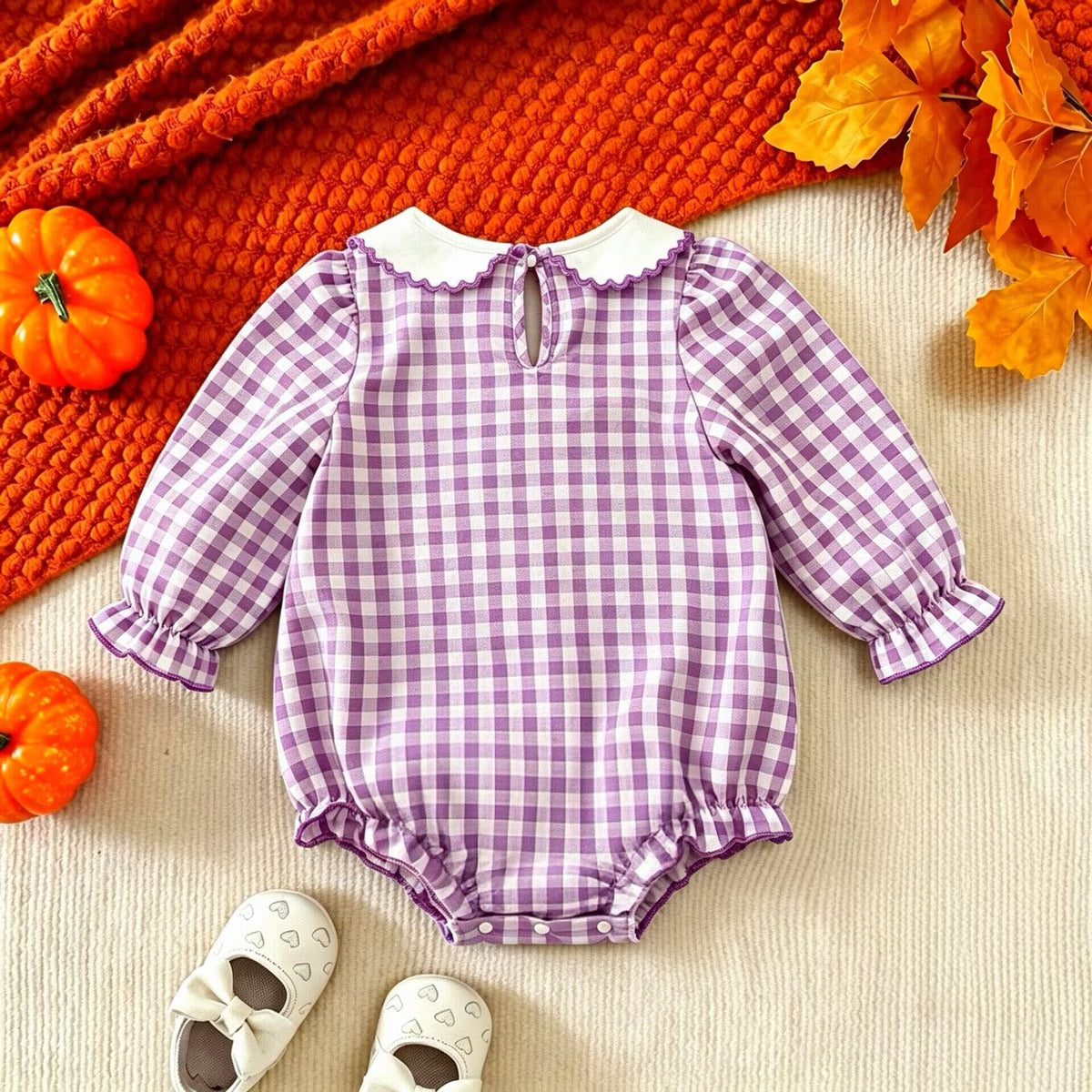 Infant Romper Purple Plaid Peter Pan Collar Ghost Embroidery Baby Halloween Triangular Crawler Onesie