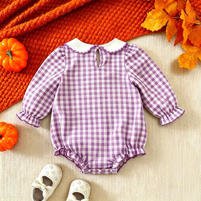 Infant Romper Purple Plaid Peter Pan Collar Ghost Embroidery Baby Halloween Triangular Crawler Onesie