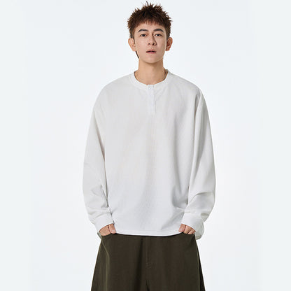 Slim Fit Waffle Knit Henley Neck Long Sleeve T-Shirt Men's Autumn New Casual Versatile Basic Inner Layer Pullover Sweatshirt