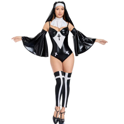 Dark Sexy Nun Cosplay Costume Adult Halloween Party Cross Nun Jumpsuit