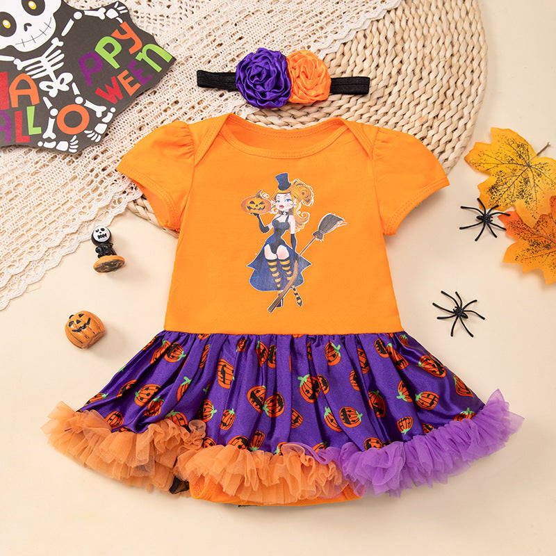 Halloween Baby Outfit Cartoon Pumpkin Tulle Romper Dress 2-Piece Set Baby Party Costume