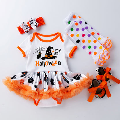 Halloween Baby Girl Costume with Embroidered Witch Hat, Short Sleeve Princess Dress and Socks Set