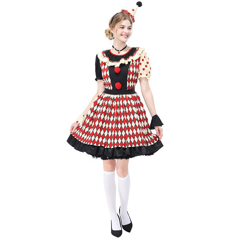 Vintage Checkered Clown Couple Outfits Adult Men and Women Circus Clown Dress Overalls Halloween Costumes