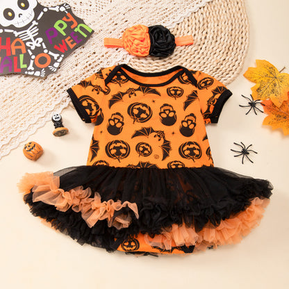 Halloween Baby Outfit Cartoon Pumpkin Tulle Romper Dress 2-Piece Set Baby Party Costume