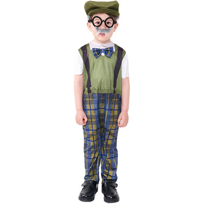Halloween Costume Children's Role Play Grandpa Jumpsuit with Hat and Glasses Set Plaid Pants
