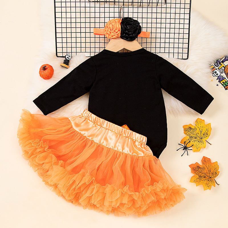Cute Halloween Long Sleeve Romper with Purple and Orange Tutu Skirt Set for Baby Girls