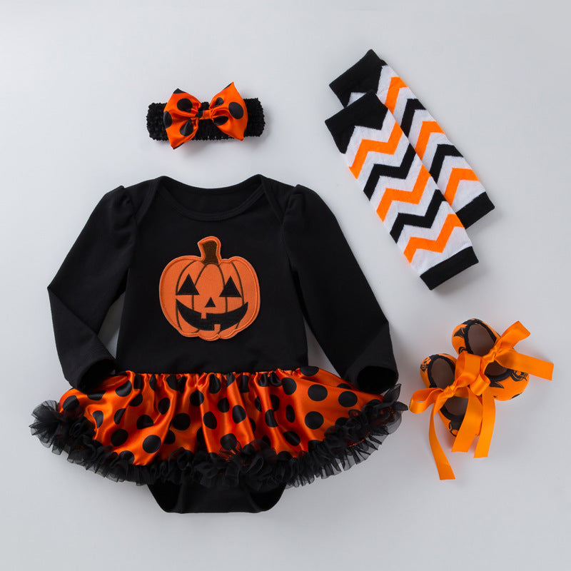 Cute Long Sleeve Romper Dress for Baby Girls, Halloween Pumpkin Outfit, 4-Piece Set
