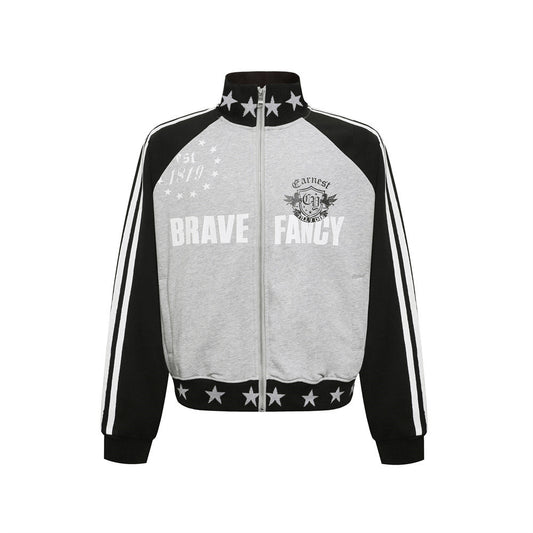 Splicing contrasting raglan sleeves stand up collar cardigan sweatshirt