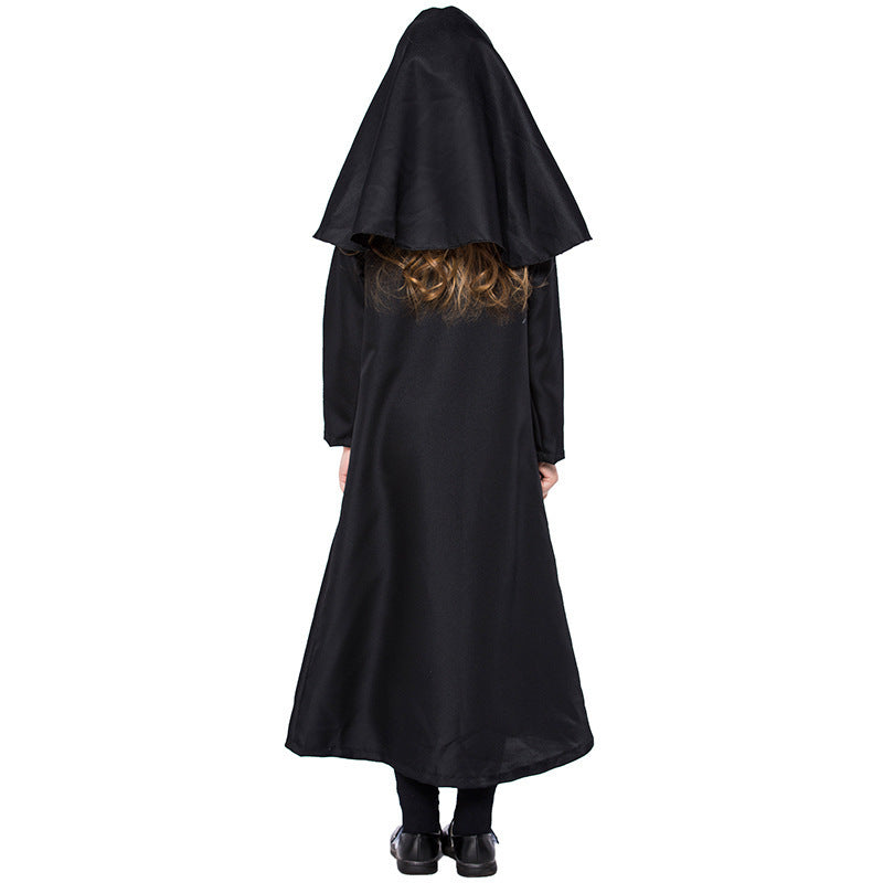 Halloween Children's Black Nun Costume Cosplay Dress for Girls, Fairy Tale Play Performance Outfit