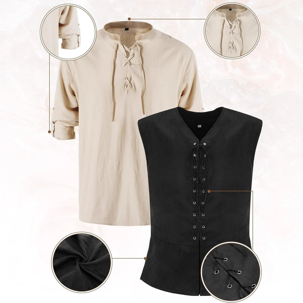 7-Piece Halloween Men's Renaissance Costume Set Medieval Pirate Shirt Ankle Band Pants