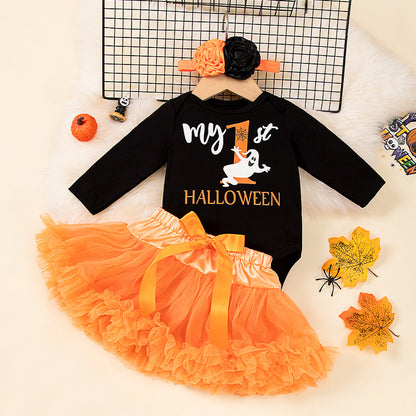 Cute Halloween Long Sleeve Romper with Purple and Orange Tutu Skirt Set for Baby Girls
