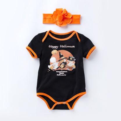 Halloween Baby Onesie Printed Short Sleeve Romper with Accessories 2-Piece Set Newborn Baby Party Outfit
