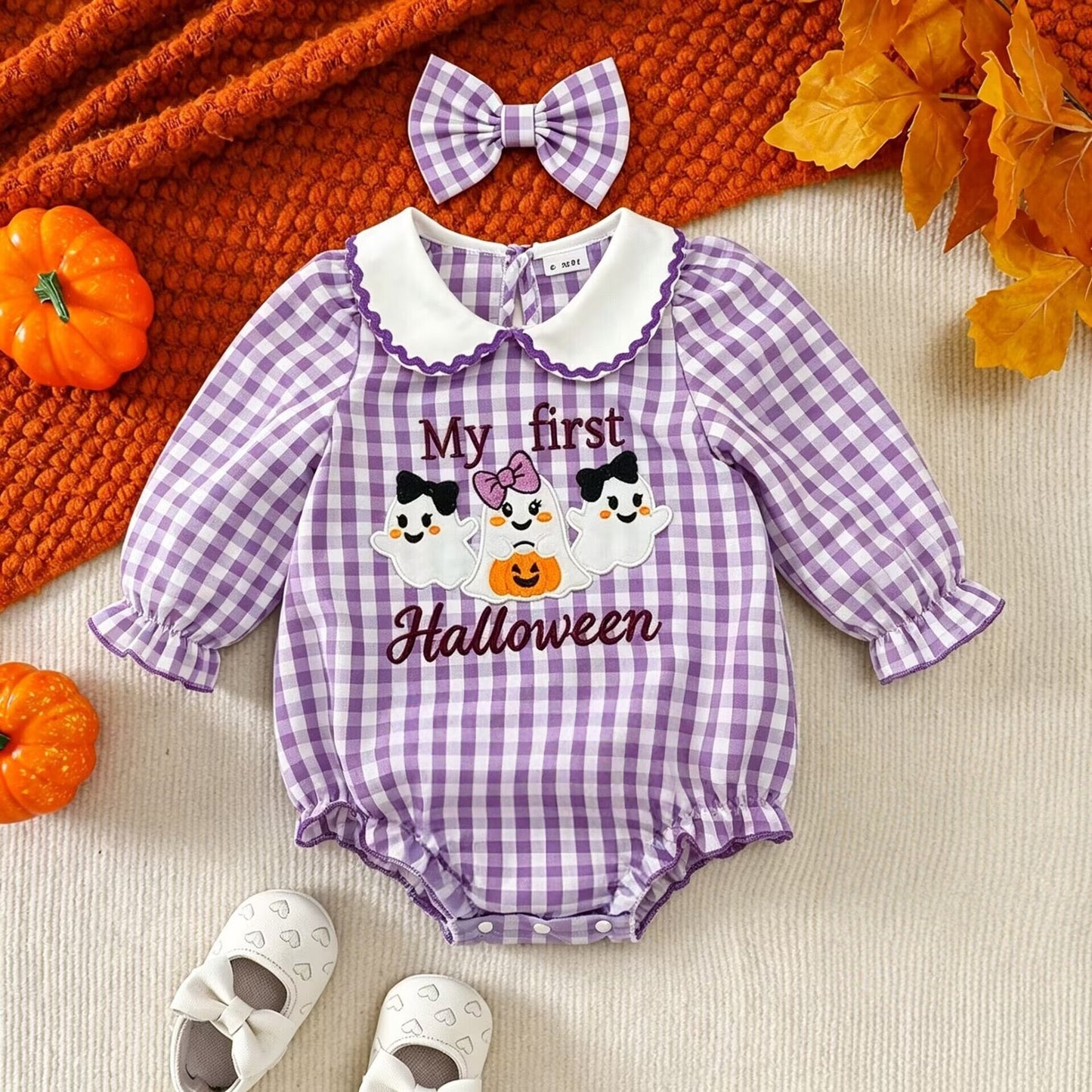 Infant Romper Purple Plaid Peter Pan Collar Ghost Embroidery Baby Halloween Triangular Crawler Onesie