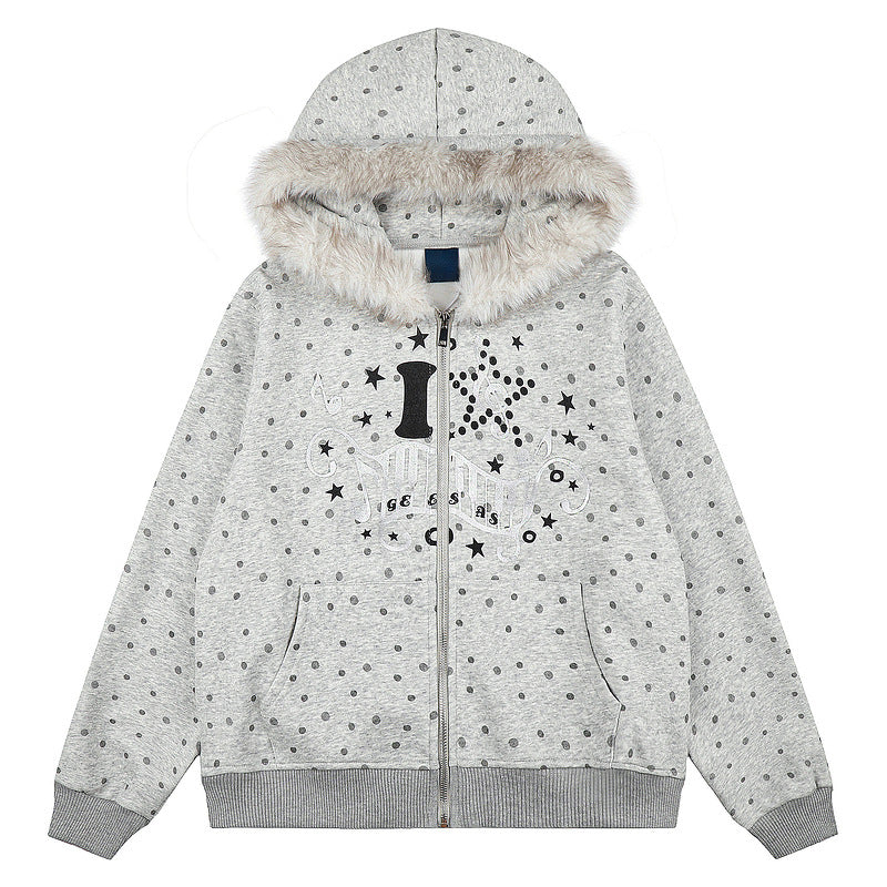 Polka dot fur collar hooded zipper star note jacket for women