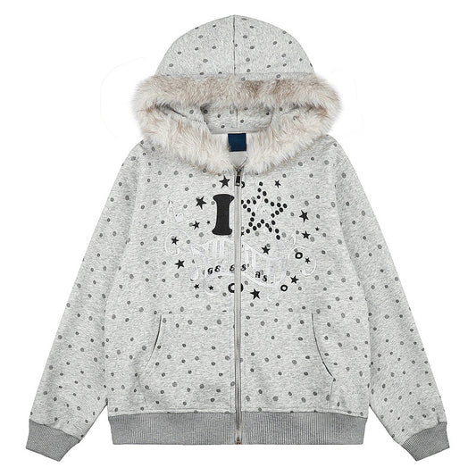 Polka dot fur collar hooded zipper star note jacket for women