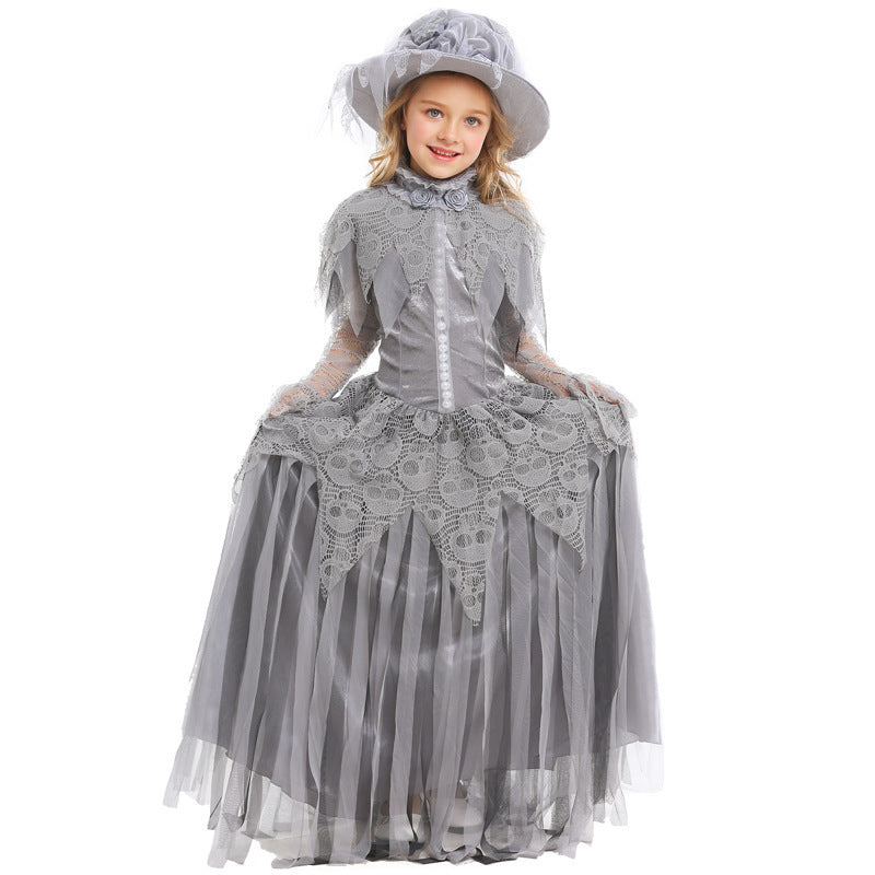 Halloween Ghost Princess Cosplay Skeleton Bride Costume Victorian Era Children's Ball Gown Dress